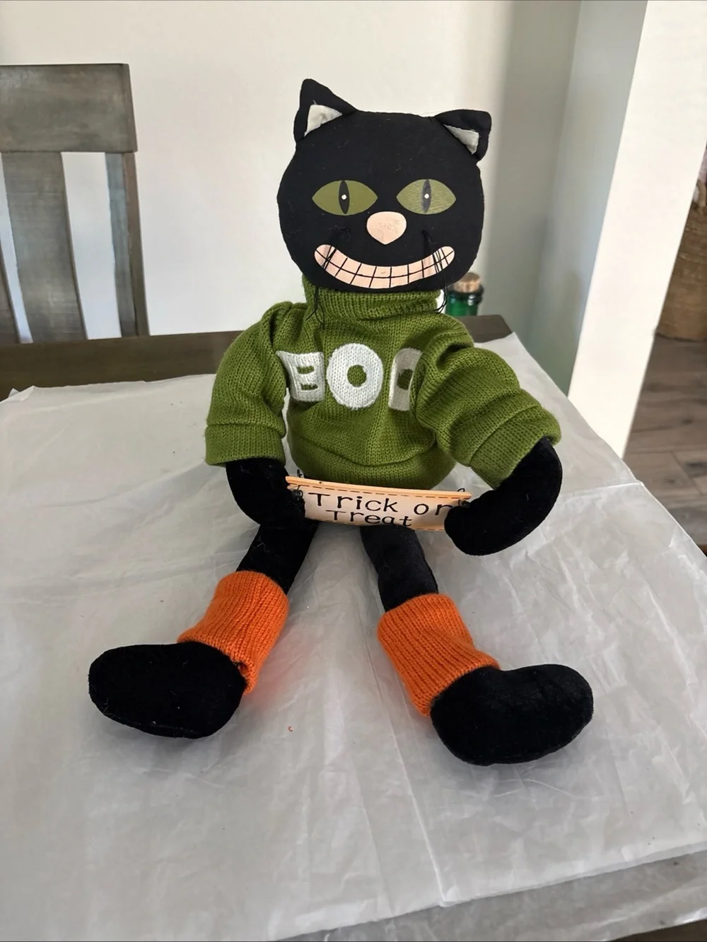 Black Cat Plush with Green 'BOO' Sweater and Orange Socks - Halloween Decor